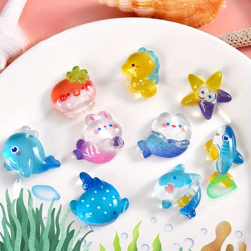 10Pcs 플랫 바닥 바다 돌고래 상어 장식 보석 수지 액세서리 전화 케이스 DIY 마이크로 풍경 작은 장식품