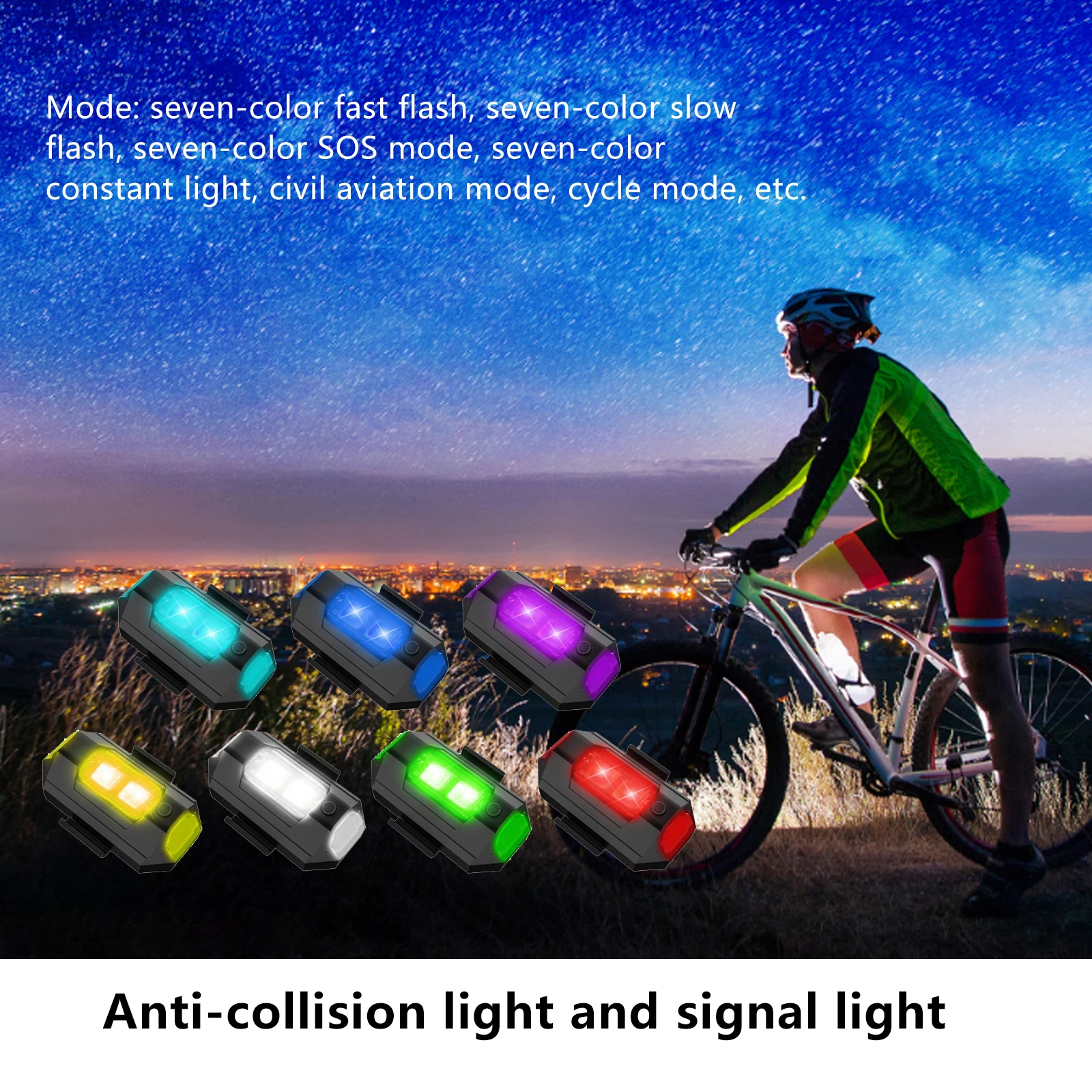 Feu stroboscopique LED USB 7 couleurs fixé sur un drone, assurant sécurité et visibilité en vol.