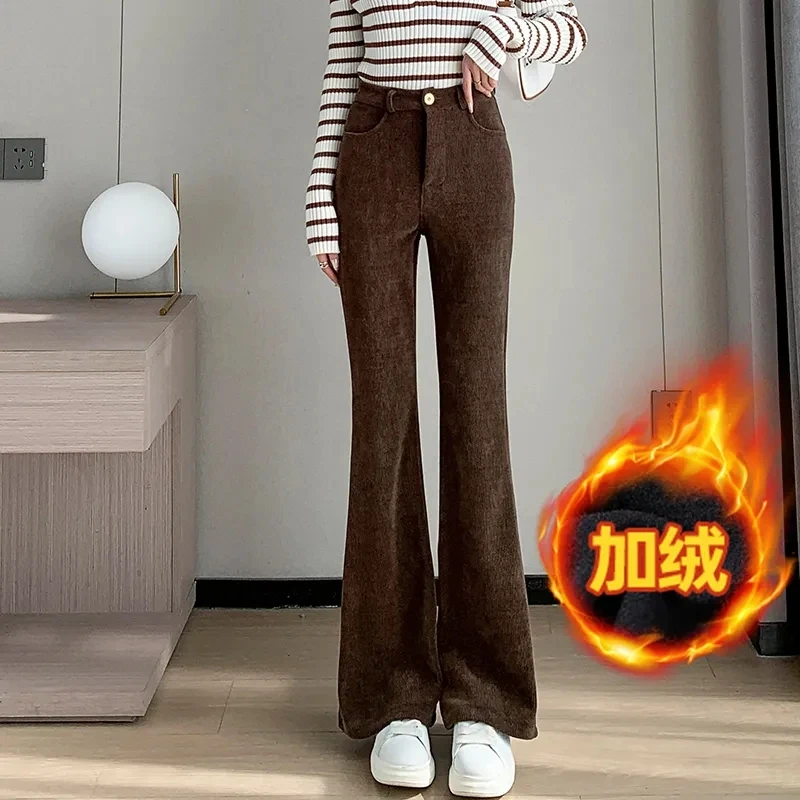 

Autumn Winter Thick Corduroy Flared pants Female High Waisted Micro Pants Casual Long Pantalons Coffee Corduroy Trousers Women