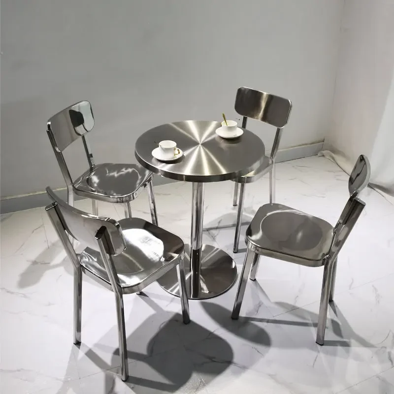 Industrial style stainless steel dining furniture durable all stainless steel tables and chairs coffee shop milk tea shop suppor