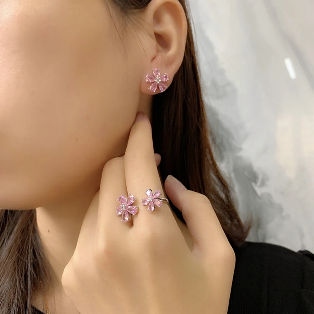 ピアス Blooming Party Silver Pink Earrings ( SILVER925) Wholesale 925 Silver Pink Basel Cubic Zirconia Stud Earrings