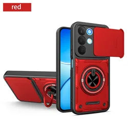 360° Ring Holder Stand Shockproof Heavy Duty Phone Case with Slide Camera Lens Protector for Realme 15x (India) (Red)