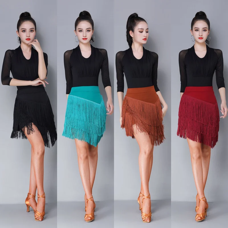 

Women Latin Dance Skirt Rumba Samba Tassels Ballroom Dancewear Adult Female Training Chacha Performance Costume