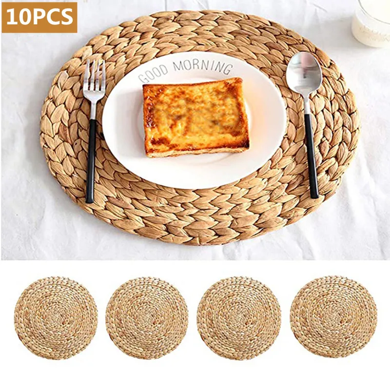 10pcs Natural Table Mat Handmade Water Hyacinth Woven Placemat Round Braided Mat Heat Resistant Hot Insulation Anti-Skidding Pad