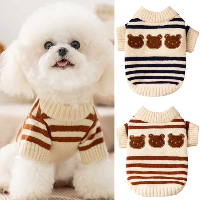 귀여운 줄무늬 개 옷 곰 인쇄 개 스웨터 겨울 따뜻한 강아지 니트 터틀넥 패션 고양이 풀오버 애완 동물 스웨터 의상