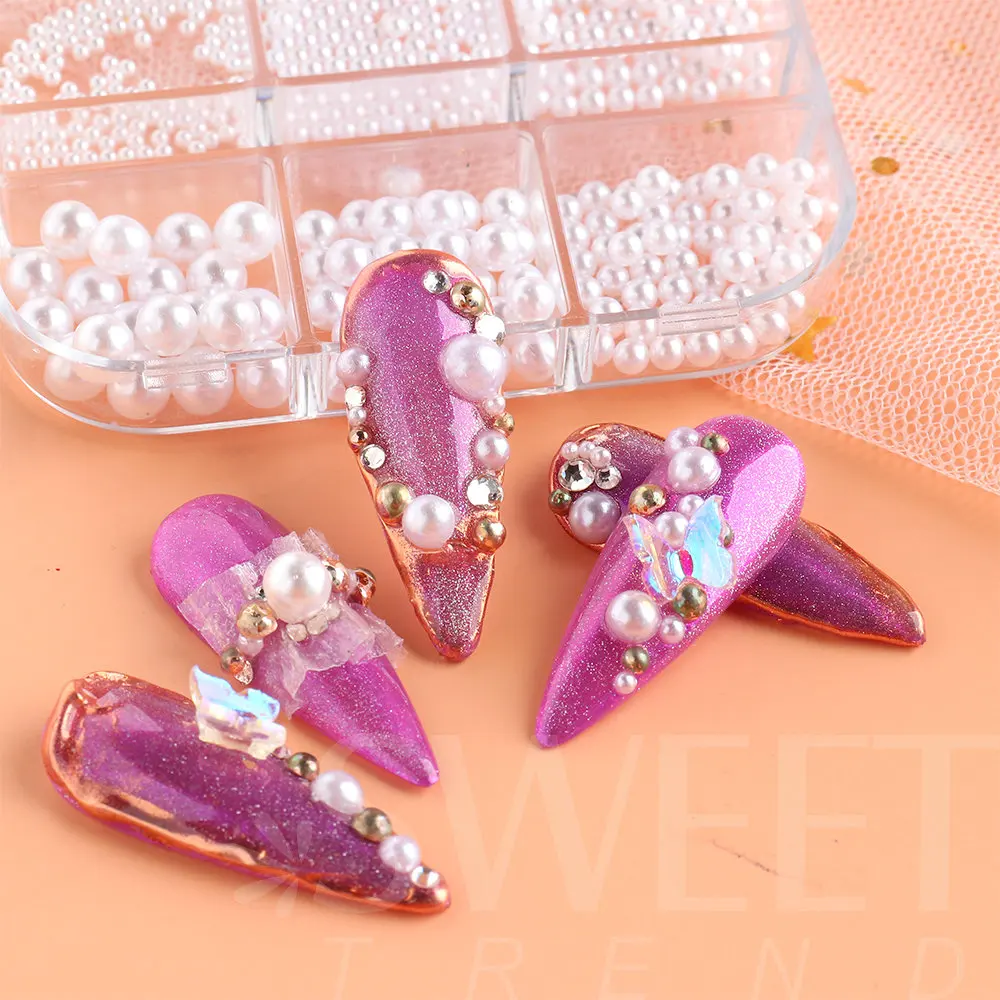 3D Pearl Nail Art Decorations White Purple Round Nail Gold Steel Beads  Balls Jewelry Crystal Rhinestones DIY Manicure LY6ZZ01-17