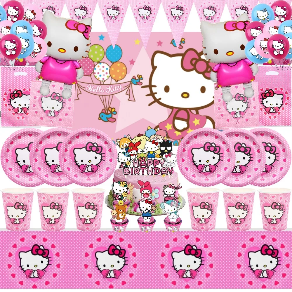 Hello Kitty Birthday Party Decorations Kitty White Balloons Disposable Tableware Backdrop For Kids Girl Party Supplies Toy Gifts pokemon birthday party decorations pikachu cute anime foil balloons tableware plate napkin backdrop kids boy party supplies