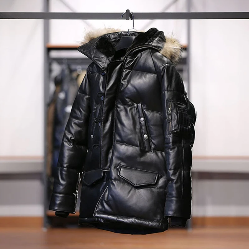 Winter High quality sheepskin Europe USA Plus Size Hooded Derma Real Leather Down Jackets Men's Fur Collar Outdoor Sports Coat