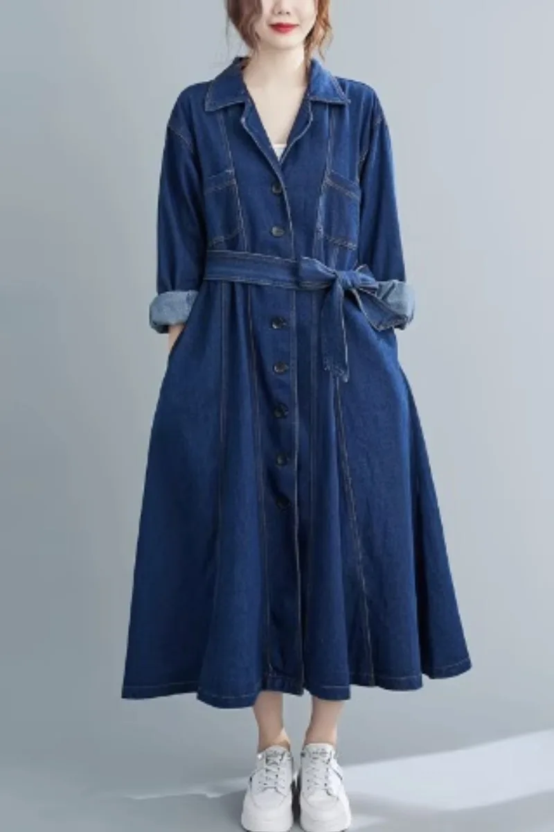 

New Women's Autumn Long-sleeved Streetwear Denim Jacket Loose Temperament Coat Mid-length Bandage Turn-down Collar Windbreaker