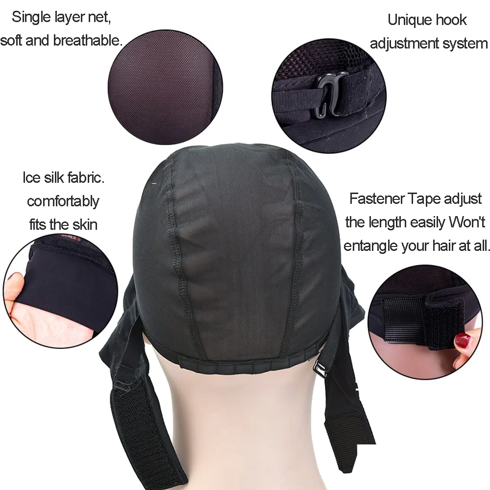 2 Pcs Headband Wig Caps Adjustable Mesh Wig Grip Cap Ice Silk Material for Making Headband Wigs with Adjustable Hook 6pcs Clips