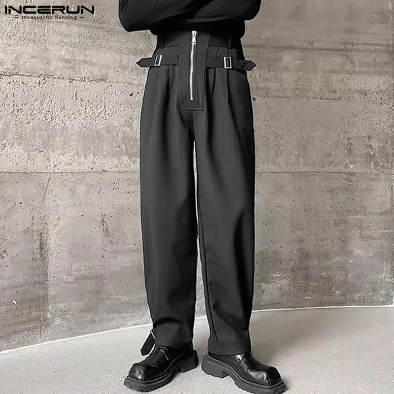 

INCERUN 2023 Korean Style Men Zipper Straight Leg Pants Adjustable Buckle Loop Trousers Casual Solid Comfortable Pantalons S-5XL