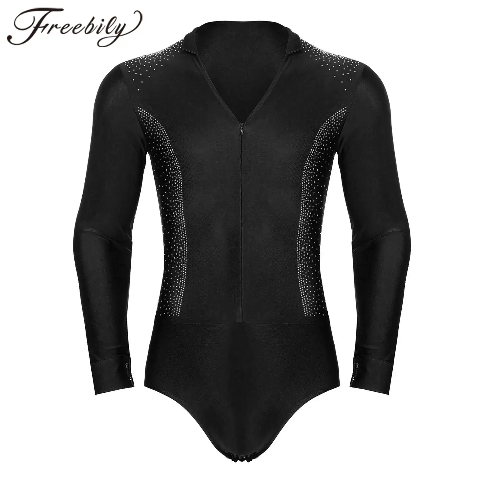 Mens Rhinestones Gymnastics Leotard Latin Dance Bodysuit Stage Performance Costume V-neck Long Sleeve Figure Skating Jumpsuit
