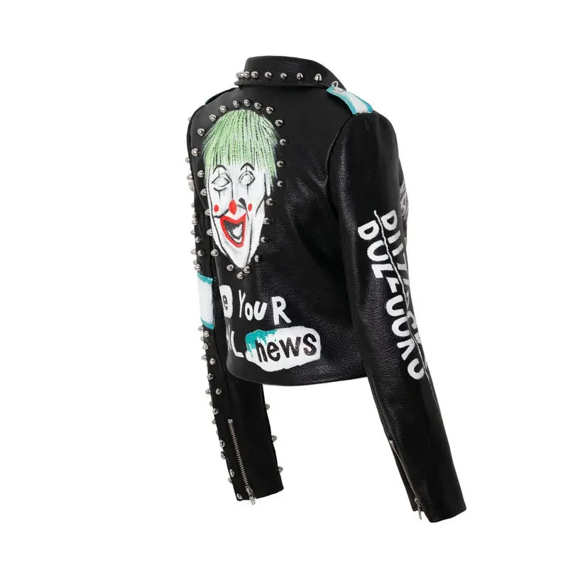 Streetwear Biker Leather Jacket for Women 2024 Punk Style Rivets Graffiti Print Contrast Stitched Faux Leather Cropped Jackets