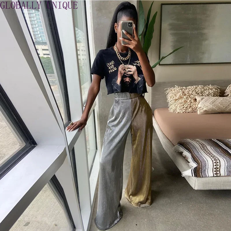 Autumn Women's Wide-leg Pants Gold and Silver Contrast Color Stitching Low Waist Stretch Network Loose Fashion Casual Streetwear