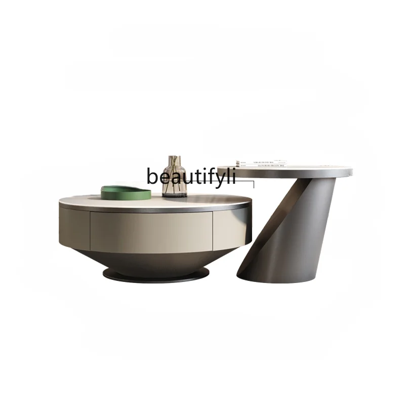 

Stone Plate round Tea Table TV Cabinet Unit Italian Light Luxury Small Apartment Modern Minimalist Living Room Home furniture