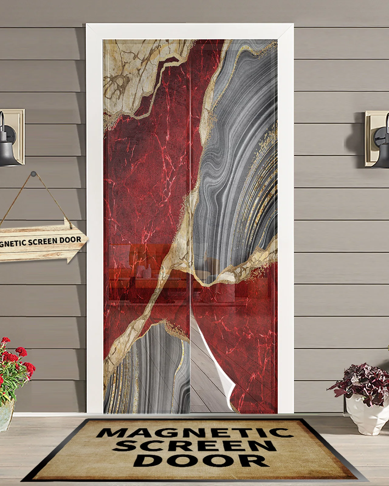 

Red Marble Texture Magnetic Door Curtain Living Room Bedroom Home Anti-mosquito Screen Door Curtain