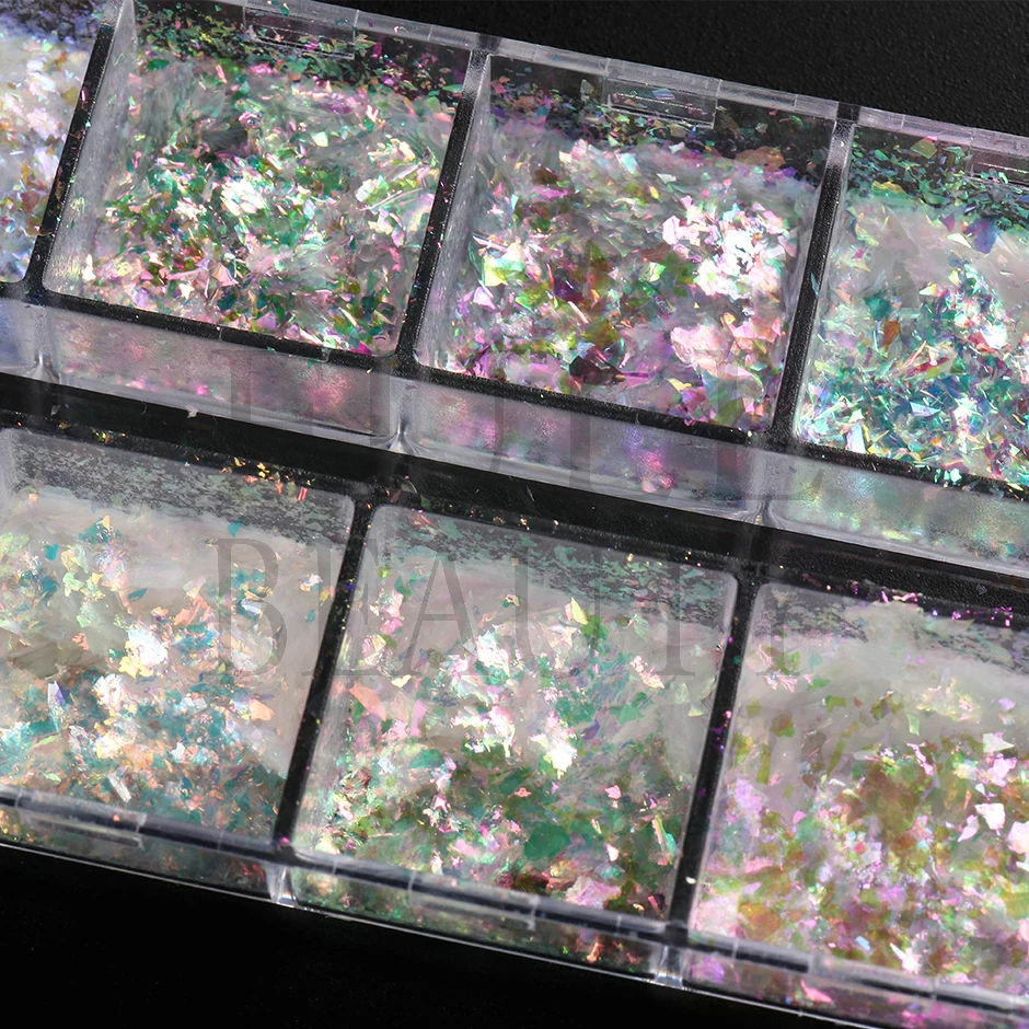 12 Grids Iridescent Nails Aurora Glitter Crystal Fire Flakes Holographic Sparkle Sequins Charms Gel Polish Manicure Flash CHJDP