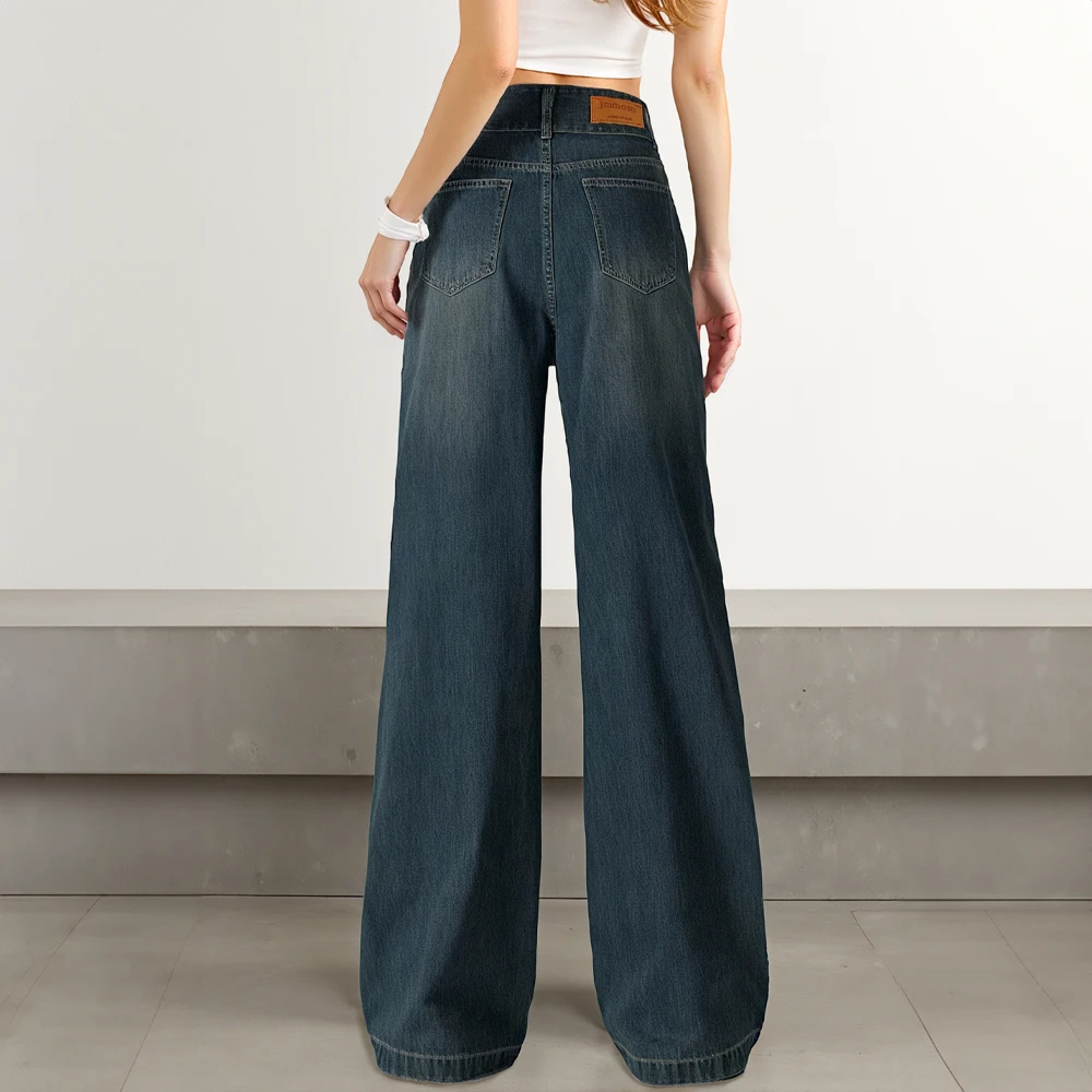 Modishion Vintage Blue High Rise Wide Leg Jeans Loose Straight Jeans Wide Leg Pants