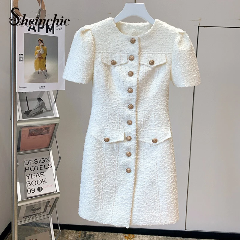 

Korean Elegant White Wool Dress Women 2022 Summer Fashion O-neck Short Sleeve Mini Dresses Vestido Moda Feminina Ropa Mujer
