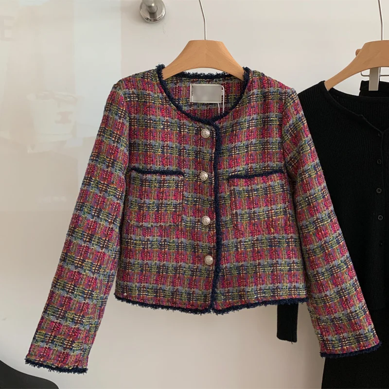 

Female Elegant Single-breasted Short Jackets Fashion Crew Neck Long Sleeve Ladies Coats Autumn Vintage High Street Overcoats
