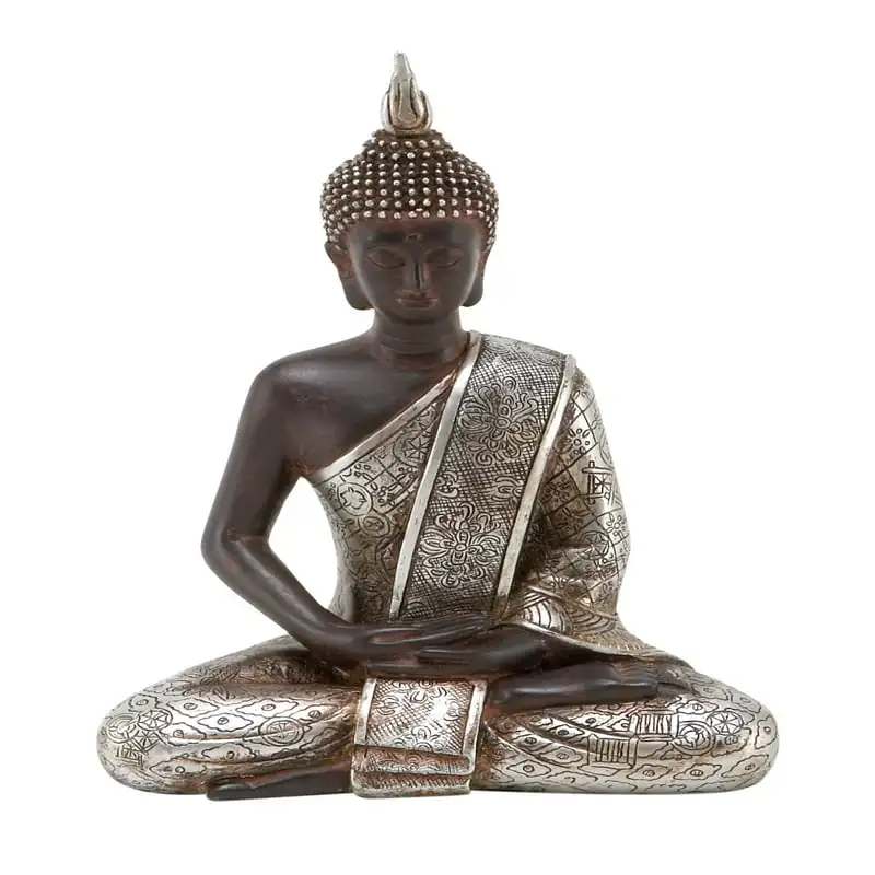 

x 8" Black Polystone Meditating Buddha Sculpture with Engraved Carvings and Relief Detailing, by