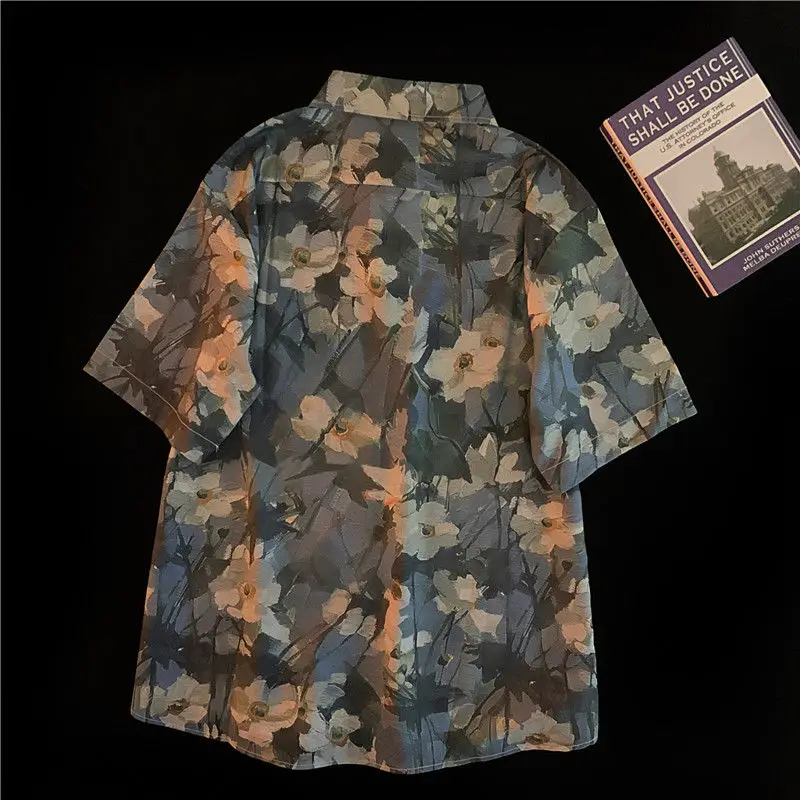 Summer loose shirt American retro floral oil painting all-over printed short-sleeved shirt for men and women niche trendy design