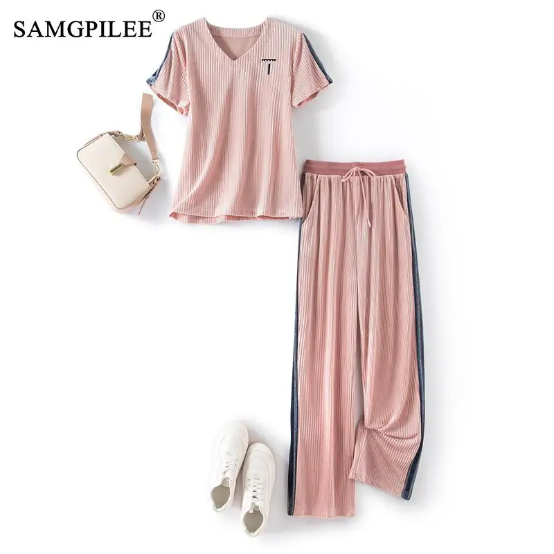 2023-summer-two-piece-set-for-women-sweet-style-pit-pattern-gold-velvet-top-small-wide-leg-trousers-casual-fashion-pants-sets