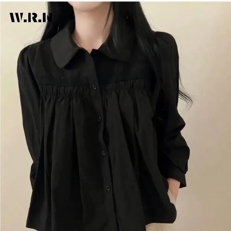 

Женская винтажная однотонная блузка, повседневная однобортная черная рубашка в Корейском стиле с отложным воротником и длинными рукавами, весна 2024