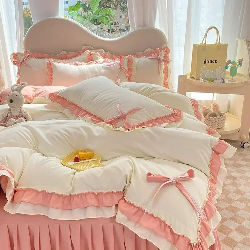 

Blue Lace Ruffle Bowknot Duvet Cover Bed Skirt Linens Pillowcases Luxury Bedding Set For Girls Woman Decor Home