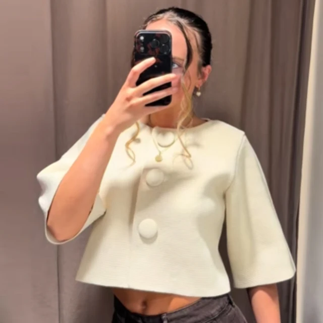 HXAO Women's Cropped Knit Cardigan Summer 2026 Elegant Off White Button O-Neck Short Sleeve Tops For Woman Resort Bolero Sweater 5