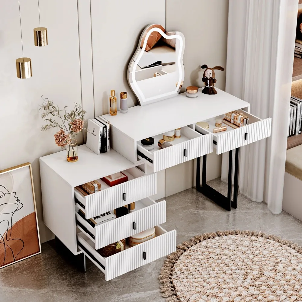 Makeup and Dressing Table with Mirror and Lamp, Small Dressing Table with 5 Drawers, and Adjustable Modern Dressing Table 6