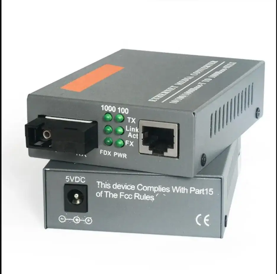 Convertidor de transceptor de medios de fibra óptica, adaptador de corriente de 5V 1A, 1000Mbps, puerto Gigabit SC, 3KM o 20km, HTB-GS-03 AB, 1 par