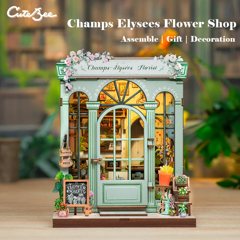 CUTEBEE Wooden Book Nook Dollhouse Kit Miniature Doll House Kits Booknook Bookshelf with Dust Cover Bookends Birthday Party Gift