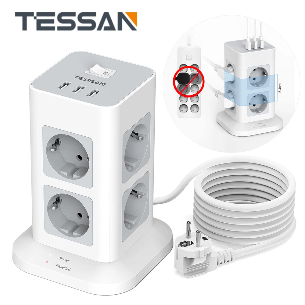 Tessan Vertical Tower Power Strip Multi Socket Eu Plug Multi Outlet Con Protezione Da Sovraccarico Usb Cavo Di Prolunga Da 2M