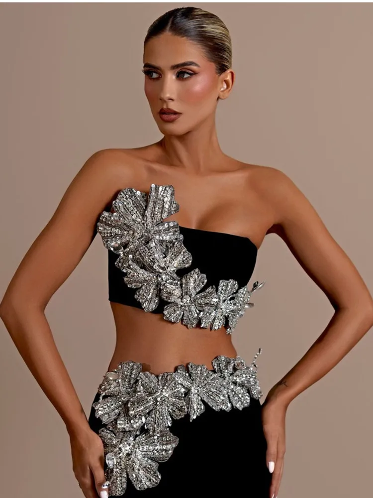 Women Sexy Strapless Flower Diamonds Crystal Black Maxi Long Bandage Skirt Set 2024 Knitted Elegant Evening Club Party Clothing 4