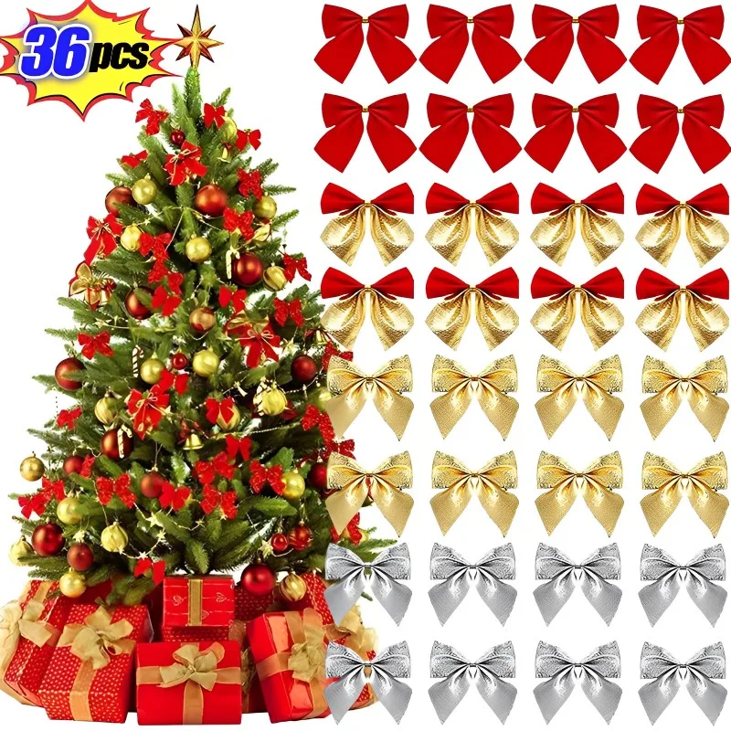 

36/12Pcs Christmas Bows with Bells Mini Christmas Bowknot DIY Craft Gift Ornaments Xmas Tree Hanging Decor New Year Home Decor