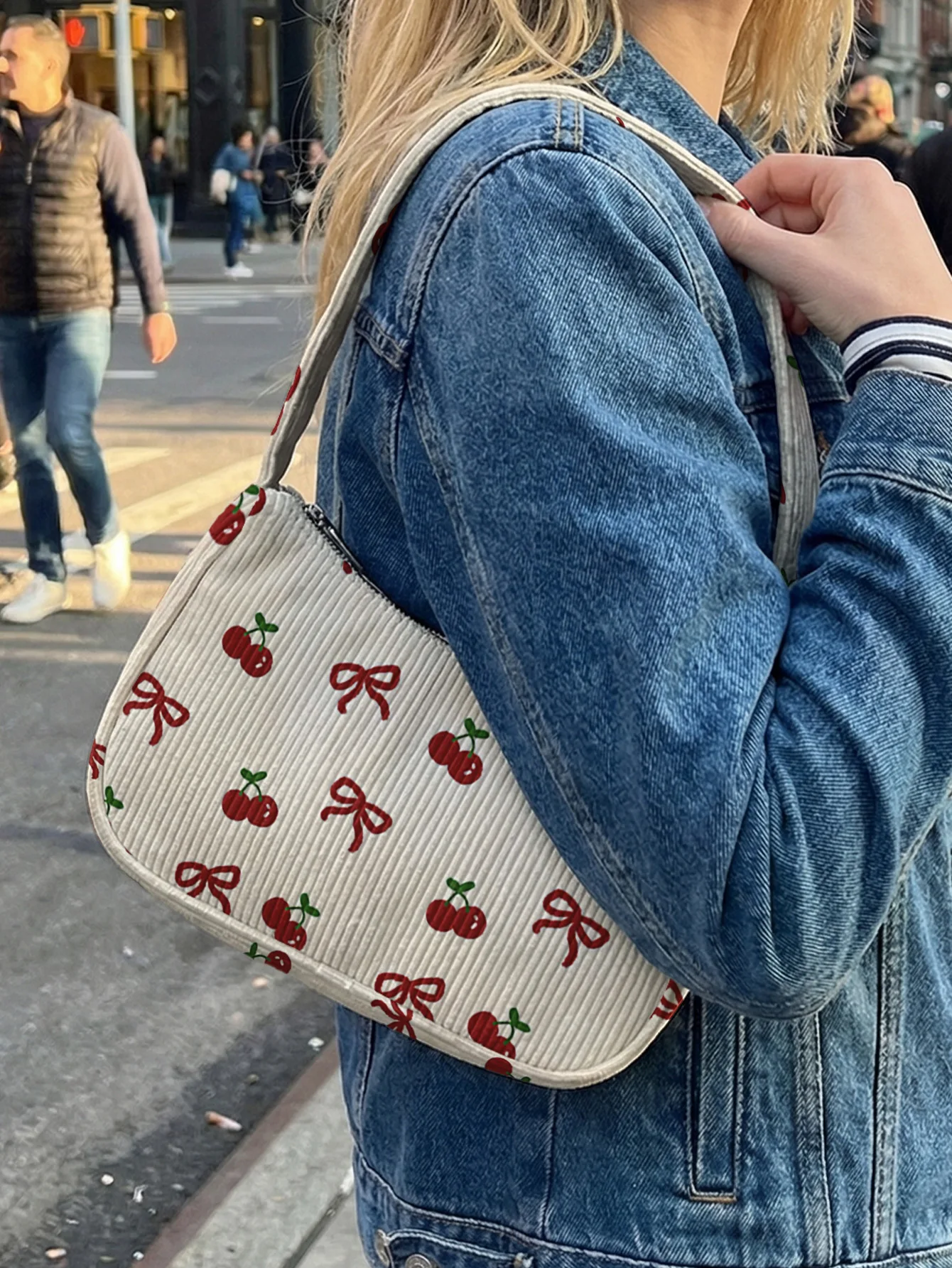 Cherry & Bow Print Beige Corduroy Shoulder Bag - Image 4