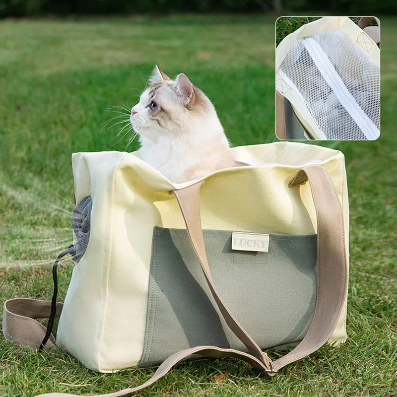 

Portable Breathable Pet Outdoor Carrier Bag Travel Shoulder Handbag for Dog Cat Foldable Multifunction Canvas Side Opening Tote
