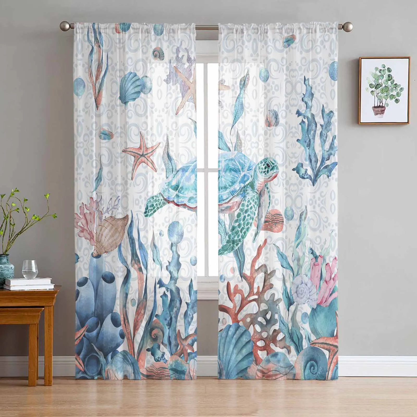 

Summer Watercolor Ocean Shells Turtle Starfish Sheer Curtains for Kids Bedroom Living Room Voile Window Curtains Tulle Drapes