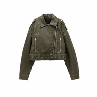 ZVRI 2024 Women Vintage Loose Pu Faux Leather Short Jacket with Belt Streetwear Female Zipper Retro Moto Biker Coat Outwear Tops 1