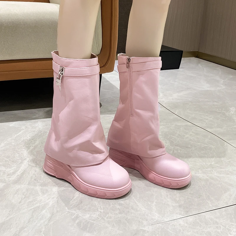 Shoes for Women 2023 Winter Pull on Mid Tube Women Boots Solid Color Round Toe Turned-over Edge Platform Water Proof Shoes Women