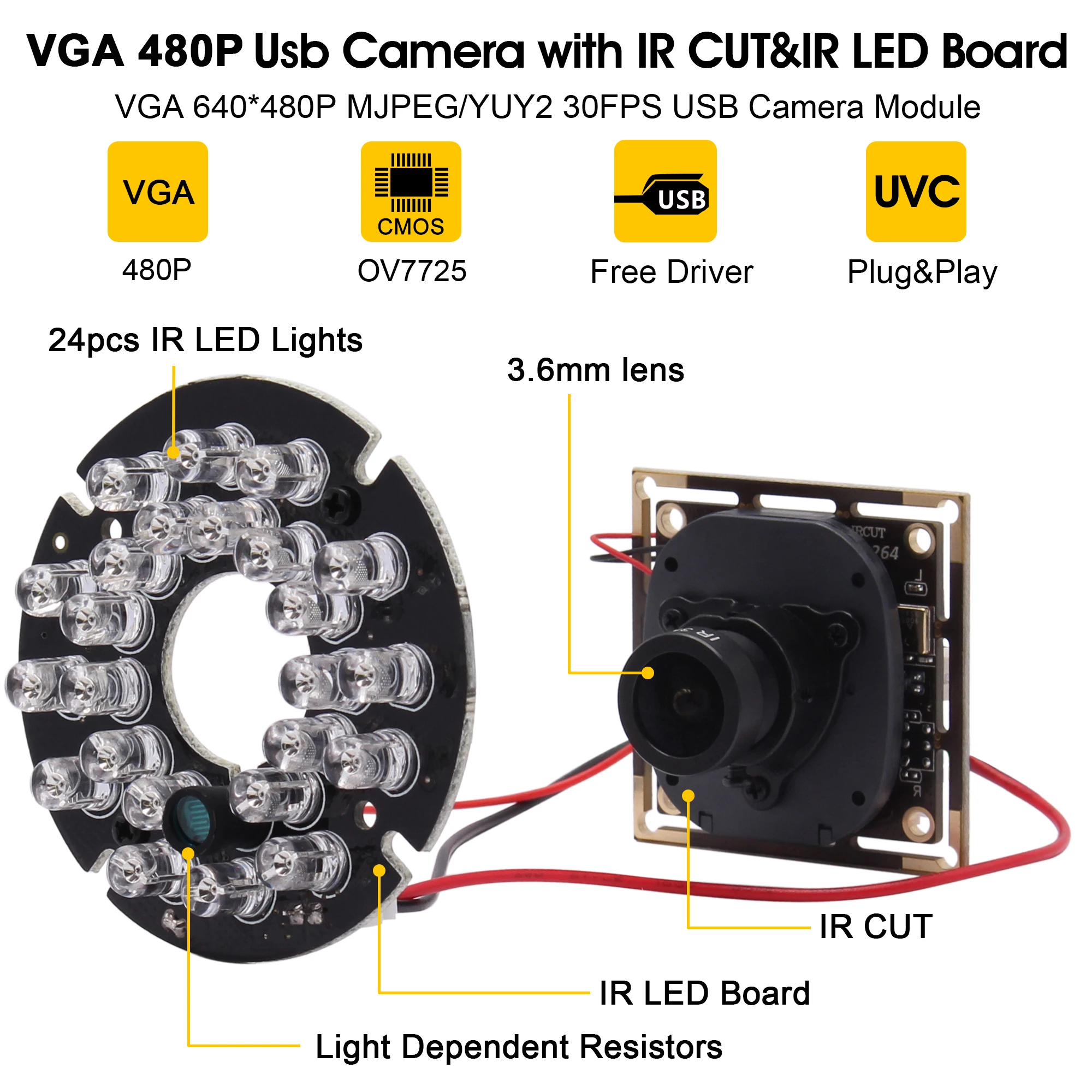640*480P OV7725 IR cut IR LED night vision infrared wide angle