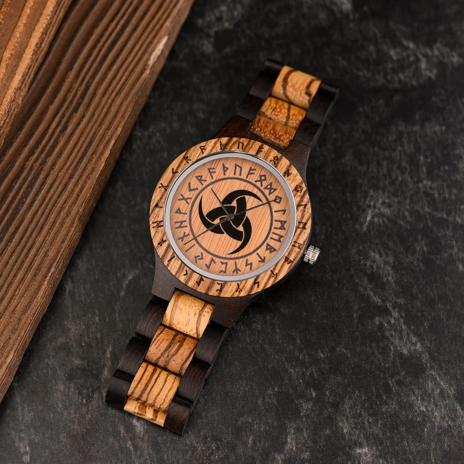 Wooden Viking Odin Horn Watch, Three Legged Norse Mythology Rune Symbols Quartz wristwatches, Men Vintage Adjustable Strap Chain