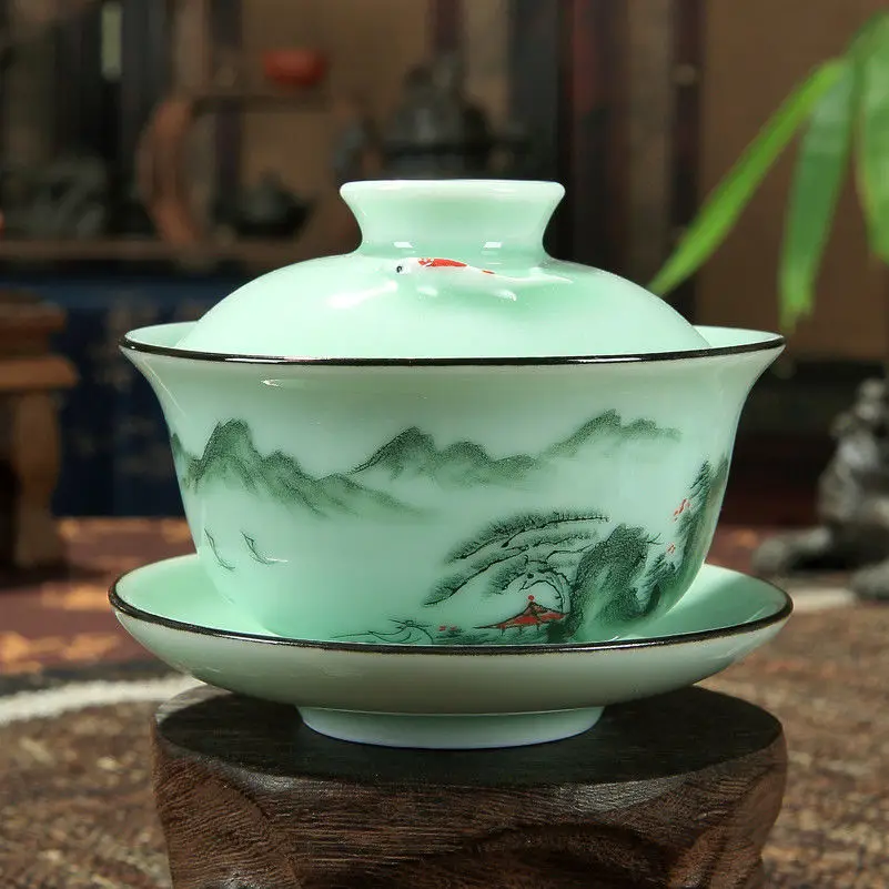 

[GRANDNESS] Longquan Gaiwan Set Porcelain Tea Cup Handpainted Floral Sancai Tea Cup 170ml