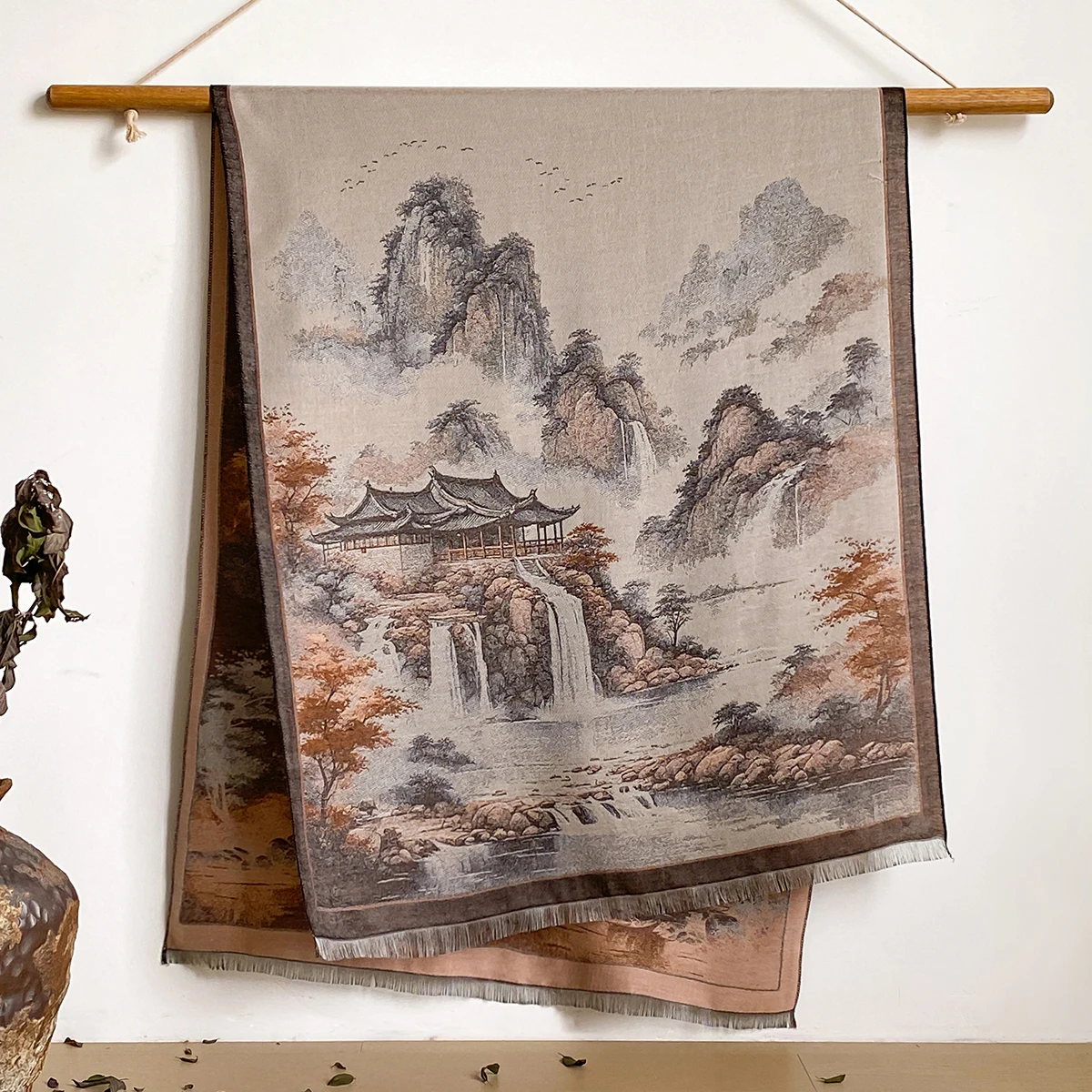 New Chinese Style Landscape Painting Women Scarf Soft Warm Pashmina Shawl Winter Outdoor Coldproof Windproof Blanket Scarf 2025