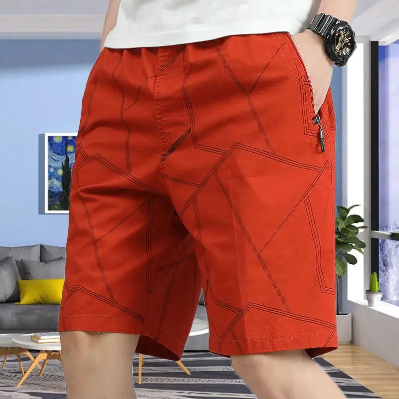 2024 New Fashion Trend Minimalist Print Summer Men's Pocket Elastic Zipper Sports Casual Pure Cotton Straight Beach Shorts