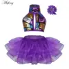 Kids Girls Sequined Ballet Jazz Dance Outfit Halter Crop Top with Tutu Skirt Hair Clip Set Jazz Hip Hop Modern Dance Dress Tulle