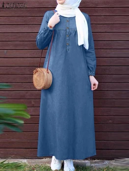 2024 ZANZEA Women Muslim Dresses  Vintage Abaya Hijab Dress Jilbab Islamic Clothing Fashion Long Sleeve Denim Blue Maxi Sundress