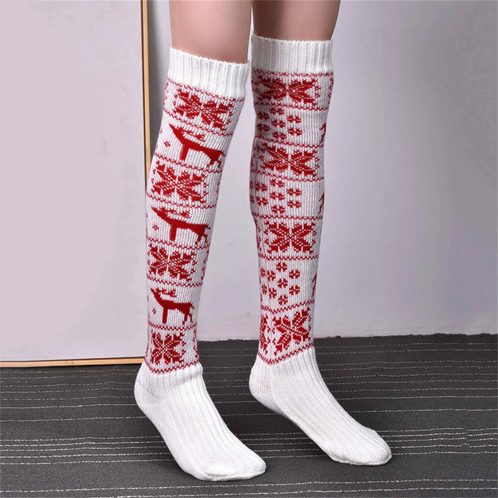 

Christmas Elk Snowflake Knitted Wool Stockings For Women Girls Over The Knee Pile Stockings Happy New Year Fashion New Sockings