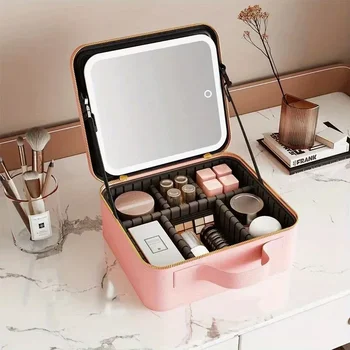 Borsa da Viaggio per Trucchi con Specchio Illuminato a 3 Colori, Beauty Case LED con Divisorio Regolabile e Porta Pennelli